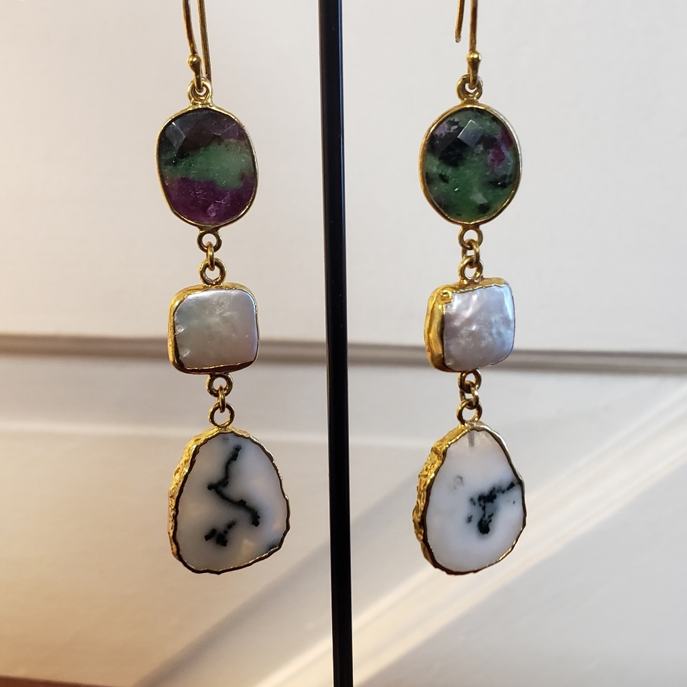NWT Ruby zoisite, pearl & solar quartz earrings